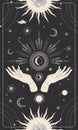 Magical hands. Two hands, the sun, crescent, stars and moon phases. Engraving.