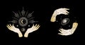 Magical hands. Two hands, the sun, crescent, stars and moon phases.