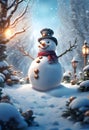 magical snowman with hat and scarf in a snow covered winter garden with glowing lights