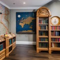 A magical Harry Potter-themed playroom with bookshelf wallpaper, a wizarding world map, and flying broomstick toys5