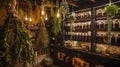 A magical herbal apothecary interior with drying herbs and dark shelves filled with mysterious bottles, invoking a Royalty Free Stock Photo