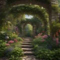 A magical, hidden garden concealed behind an ancient, overgrown stone wall, filled with mythical, rare flowers2