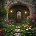 A magical, hidden garden concealed behind an ancient, overgrown stone wall, filled with mythical, rare flowers4