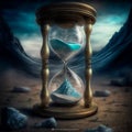 A magical hourglass with unusual sand in which time has stopped. In mountains