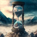 A magical hourglass with unusual sand in which time has stopped. In mountains