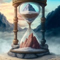 A magical hourglass with unusual sand in which time has stopped. In mountains