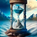 A magical hourglass with unusual sand in which time has stopped. In mountains