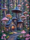 magical house among luminous mushrooms in an enchanted forest Royalty Free Stock Photo