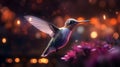 Magical Hummingbird Hovering Over Flowers at Dusk