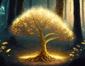 Magical illuminating golden tree in the forest.