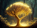 Magical illuminating golden tree in the forest.