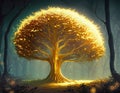 Magical illuminating golden tree in the forest.