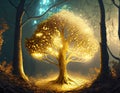Magical illuminating golden tree in the forest.