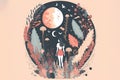 Magical illustration of woman walking in surreal forest at night. Minimalist style. Feminity and boho concept.