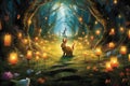 A magical image featuring a bunny leading a procession of glowing fairy lanterns through an enchanting forest, illuminating the