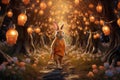 A magical image featuring a bunny leading a procession of glowing fairy lanterns through an enchanting forest, illuminating the