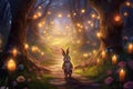 A magical image featuring a bunny leading a procession of glowing fairy lanterns through an enchanting forest, illuminating the