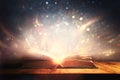 Magical image of open antique book over wooden table with glitter overlay Royalty Free Stock Photo