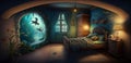 Magical impossible bedroom, surreal mystical fantasy artwork. Generative AI