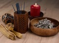 Palo santo, sage, incense sticks ritual fumigants stock images Royalty Free Stock Photo