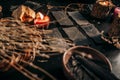 Magical items laid out on a dark table. Halloween Royalty Free Stock Photo