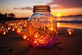 Magical jar or glass with sparkling fairy light standing on a beach at sunset, romatic peaceful evening, glowing fireflies