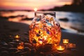 Magical jar or glass with sparkling fairy light standing on a beach at sunset, romatic peaceful evening, glowing fireflies Royalty Free Stock Photo