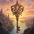 Magical key against the background of a castle at sunset. Fantasy world. AI-generated. Royalty Free Stock Photo
