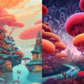 Magical landscape in bright colors, fictional world. Imagination and fantasy concept. Diptych illustration Royalty Free Stock Photo