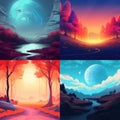 Magical landscape in bright colors, fictional world. Imagination and fantasy concept. Quadtych illustration Royalty Free Stock Photo