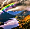 Magical landscape with mountains clouds rainbow and mirror smooth lake Royalty Free Stock Photo