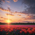 A magical landscape with sunrise over tulip field in the Netherlands (relaxation, meditation, stress management -