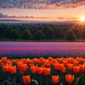 A magical landscape with sunrise over tulip field in the Netherlands (relaxation, meditation, stress management -