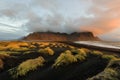 Magical landscape of Vestrahorn Mountains and Black sand dunes in Iceland at sunrise. Panoramic view of the Stokksnes headland in