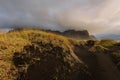 Magical landscape of Vestrahorn Mountains and Black sand dunes in Iceland at sunrise. Panoramic view of the Stokksnes headland in Royalty Free Stock Photo