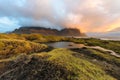 Magical landscape of Vestrahorn Mountains and Black sand dunes in Iceland at sunrise.  Panoramic view of the Stokksnes headland in Royalty Free Stock Photo