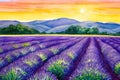 Magical lavender field at sunset, watercolor. AI generated Royalty Free Stock Photo