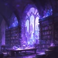 Magical Library Atrium with Amethyst Arch and Bookshelves Royalty Free Stock Photo