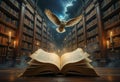 Magical library hall filled with flying books and glowing sparks Royalty Free Stock Photo