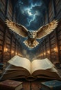 Magical library hall filled with flying books and glowing sparks Royalty Free Stock Photo