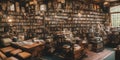 Magical library with a showcase towering shelves of ancient tomes. Generative AI.