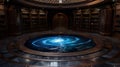 Magical library with swirling galaxy pool