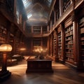 A magical library with towering bookshelves and mystical artifacts, invoking a sense of knowledge and discovery1