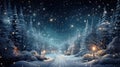 Magical lights in forest at Christmas night in winter, landscape with showy country road, trees and starry sky. Scenery of woods Royalty Free Stock Photo