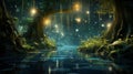 Magical lights sparkling in forest at night, firefly, fantasy fairytale scenery