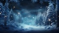 Magical lights in winter woods at Christmas night, landscape with dark sky, snow and trees. Scenery of fairy tale snowy forest. Royalty Free Stock Photo