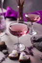 A magical lilac drink in a mysterious evening setting. Spiritual magic background