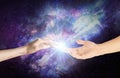 Magical love healing energy from hands universe background Royalty Free Stock Photo