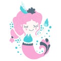 Magical lovely little mermaid girl with pink hair jumping merrily with seashells and bubble bursts on a white background. Children Royalty Free Stock Photo