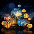 Magical Lunar Lantern Festival landscape with illuminated moon phase lanterns